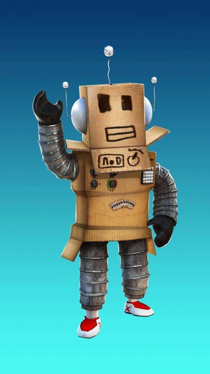 Roblox Character 桌布 壁紙 — 一個愉快的紙板機器人，擁有金屬四肢和紅色運動鞋，在漸變藍色背景上揮手。