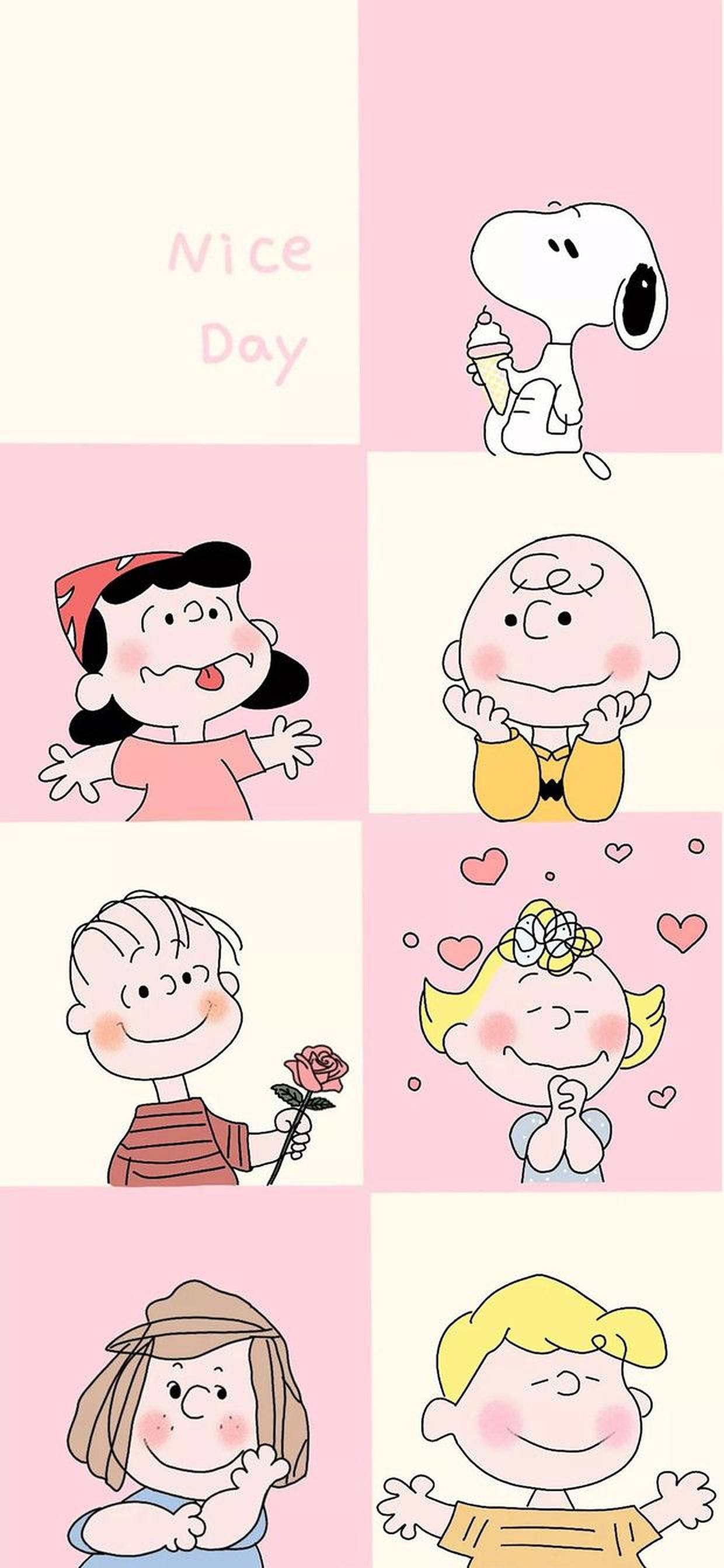 查理布朗 動圖 桌布 壁紙 — 一個愉快的網格，六個經典的 Peanuts 角色在粉彩粉紅色和奶油色的面板中微笑，帶有「Nice Day」文字。