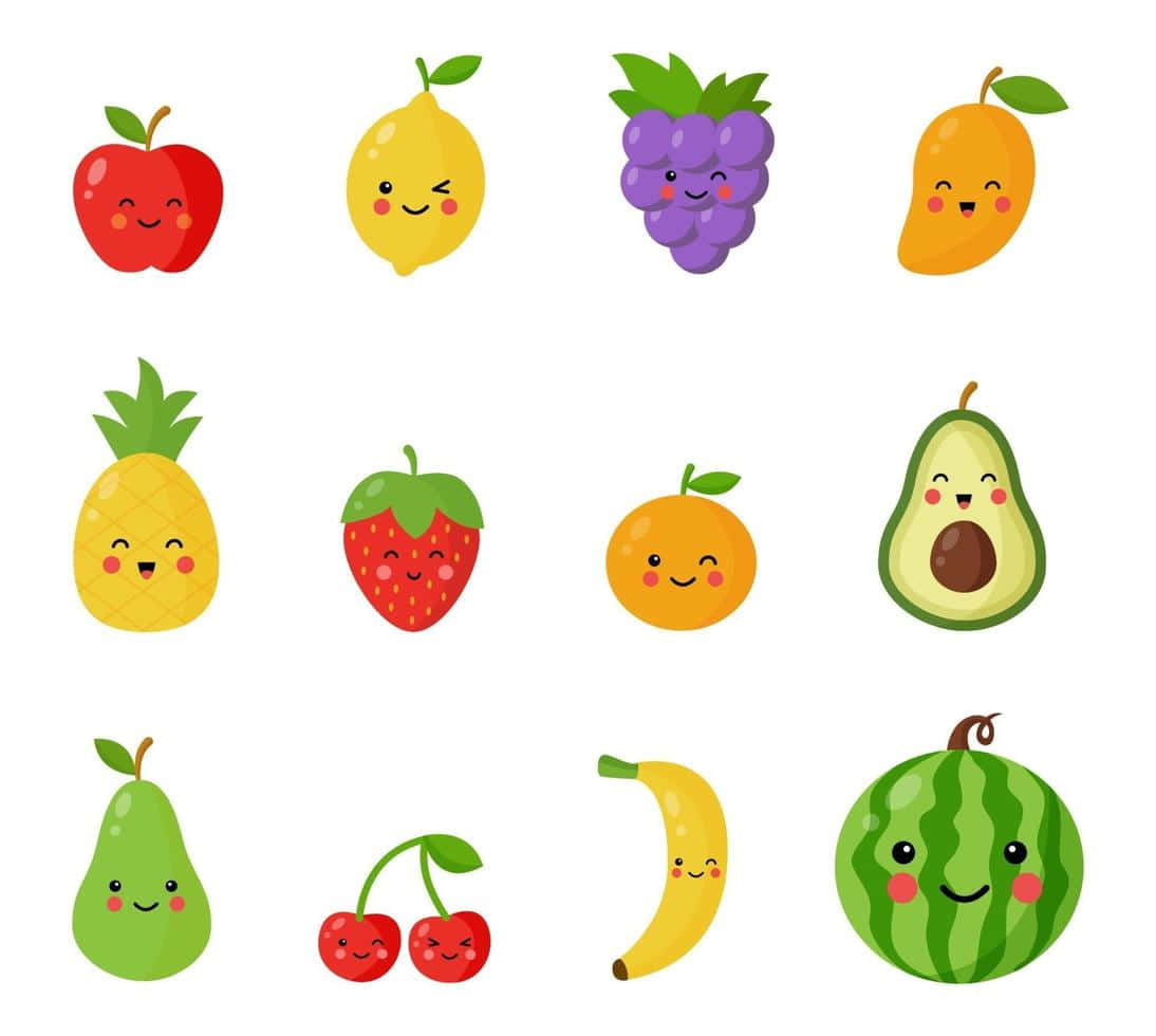 Kawaii Fruit 桌布 壁紙 — 一個愉快的網格，包含十二個卡通水果，帶有微笑的臉龐和玫瑰色的臉頰，背景為純白色。
