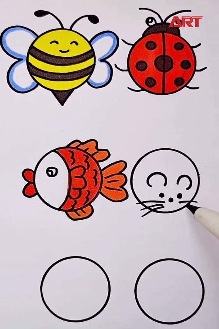 coloring 桌布 壁紙 — 一個愉快的繪畫教學展示了一隻微笑的蜜蜂、瓢蟲、魚和老鼠，並附有空白圓圈供練習。