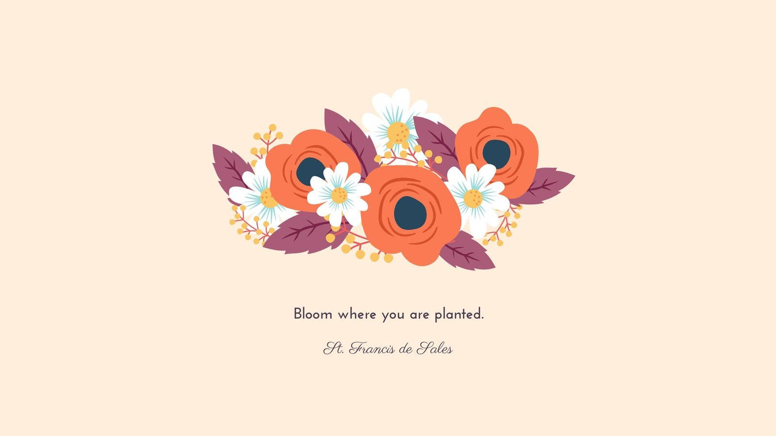 Positive Quotes 桌布 壁紙 — 一個愉快的花卉佈置，包含橙色罌粟花和白色雛菊，配上紫色葉子，置於柔和的米色背景上。