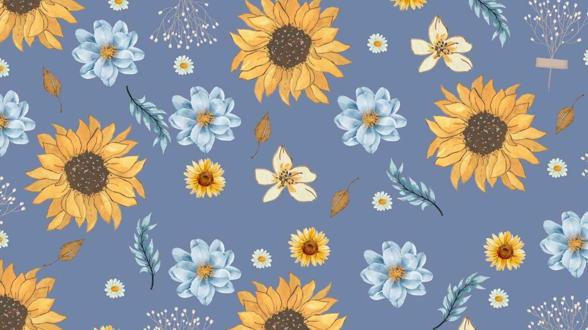 Floral Print 桌布 壁紙 — 一個愉快的花卉圖案，包含向日葵、雛菊和藍色花朵，背景為柔和的藍色。