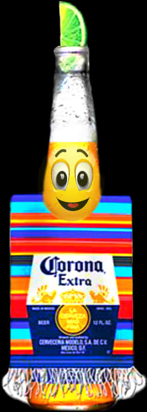 Corona Beer 桌布 壁紙 — 一個愉快的表情符號臉在黑色背景上的Corona Extra瓶上咧嘴笑，旁邊有青檸角。