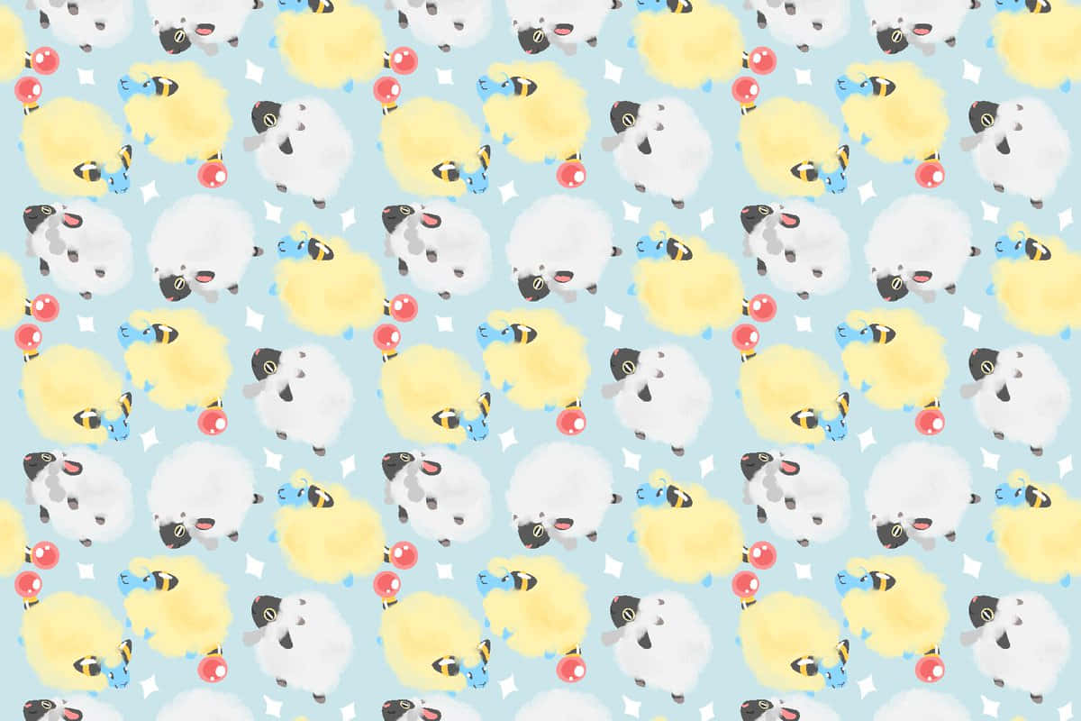 Wooloo 桌布 壁紙 — 一個愉快的重複圖案，包含卡通羊和蜜蜂，背景為柔和藍色，配有紅色氣球和白色星星。