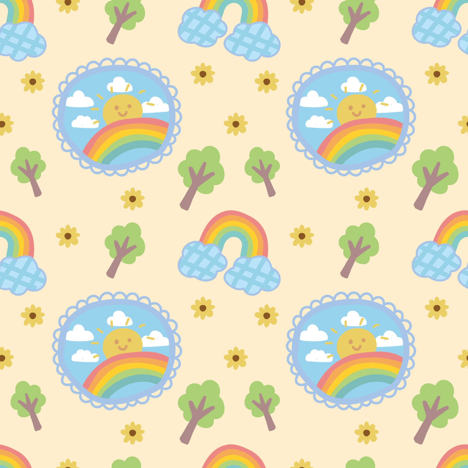 stickers 桌布 壁紙 — 一個愉快的重複圖案，包含微笑的太陽、彩虹、樹木和花朵，背景為柔和的米色。