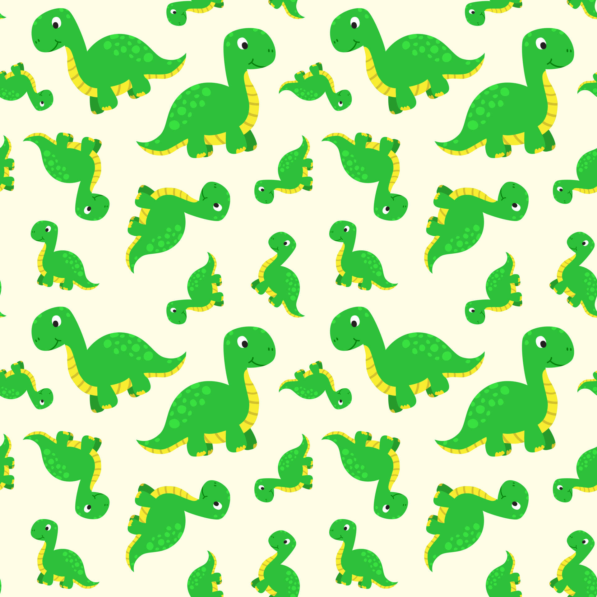 Funny Dinosaur 桌布 壁紙 — 一個愉快的重複圖案，在奶油色背景上，有綠色卡通恐龍，黃色腹部。