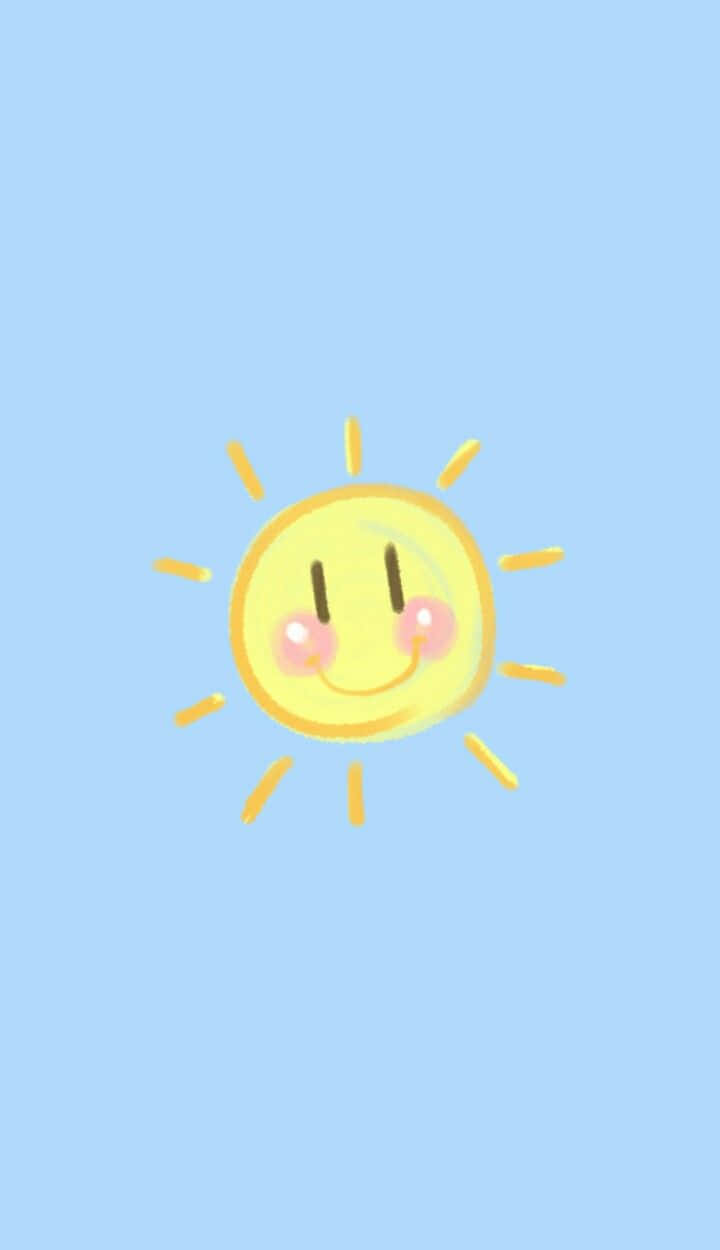 Cute Sun 桌布 壁紙 — 一個愉快的黃色卡通太陽，有玫瑰色臉頰和微笑的臉，在柔和的藍天背景上散發溫暖。