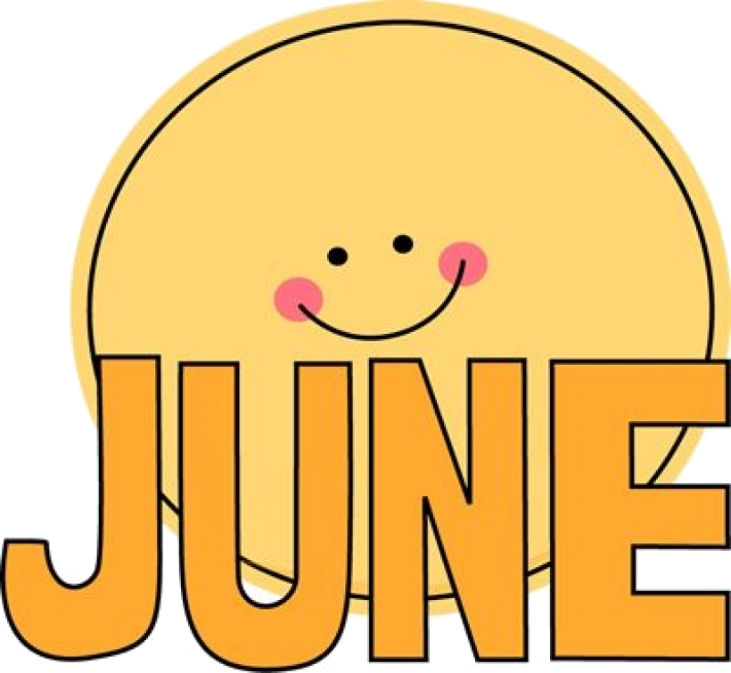 六月 桌布 壁紙 — 一個愉快的黃色卡通太陽，臉頰紅潤，在拼出 JUNE 的大膽橙色字母後面微笑。