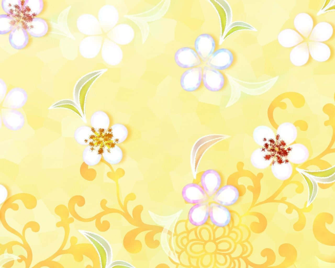 Yellow Pattern 桌布 壁紙 — 一個愉快的黃色壁紙圖案，帶有白色花朵和旋轉藤蔓，採用柔和的粉彩調色。