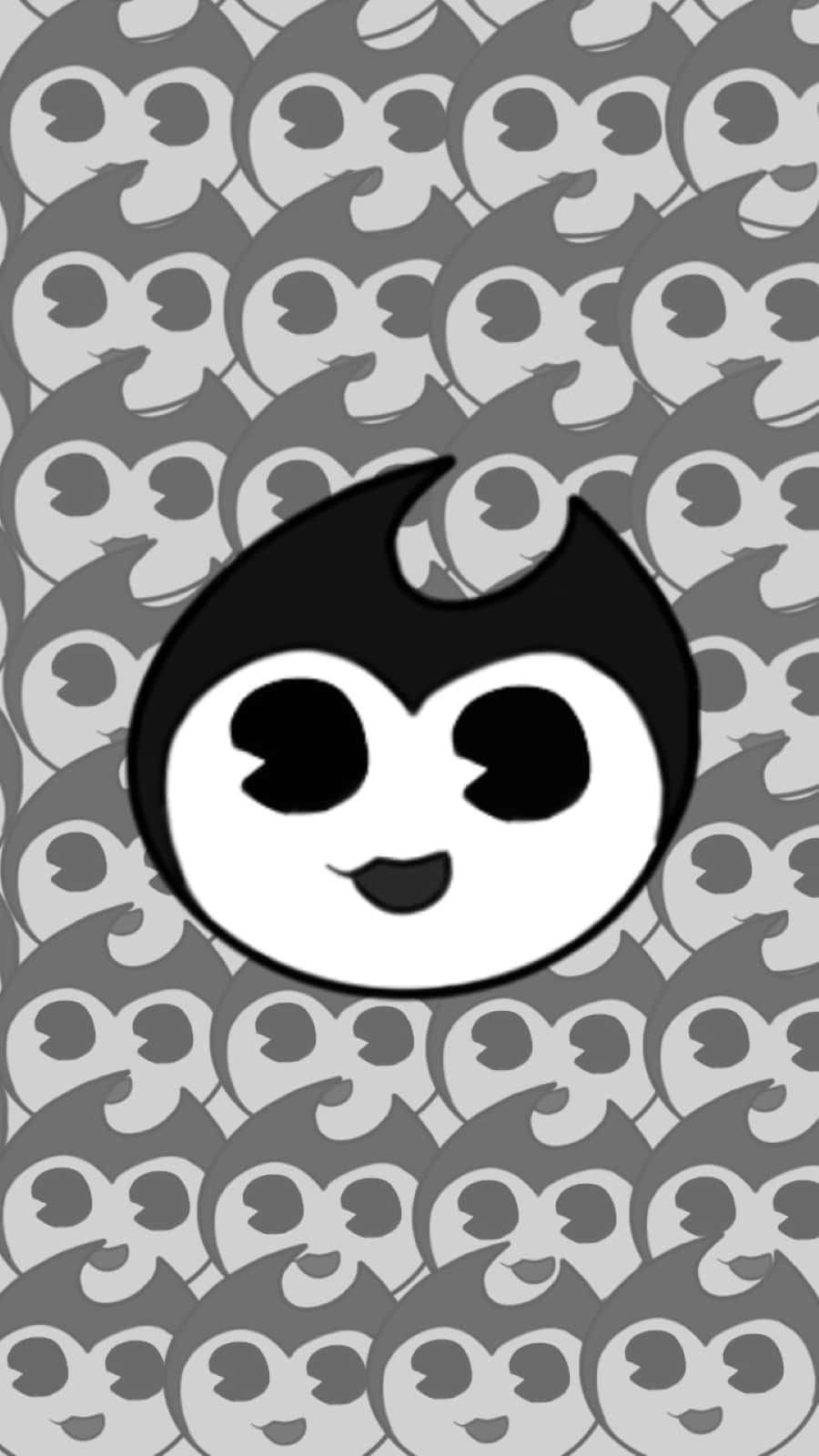 Bendy 桌布 壁紙 — 一個愉快的黑白卡通角色，頭部像火焰，在重複的較小灰色版本自己的圖案背景下微笑。