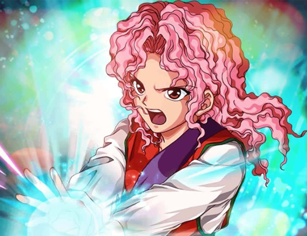 鬼戰士 桌布 壁紙 — 一個意志堅定的動漫女孩，擁有充滿活力的粉紅色捲髮，以動態的動作姿勢引導發光的藍色能量。