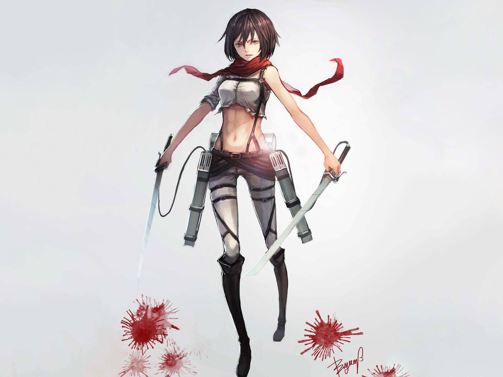 Mikasa Ackerman 桌布 壁紙 — 一個意志堅定的動漫女孩，短黑髮，紅圍巾，在白色背景上揮舞兩把劍，血跡斑斑。
