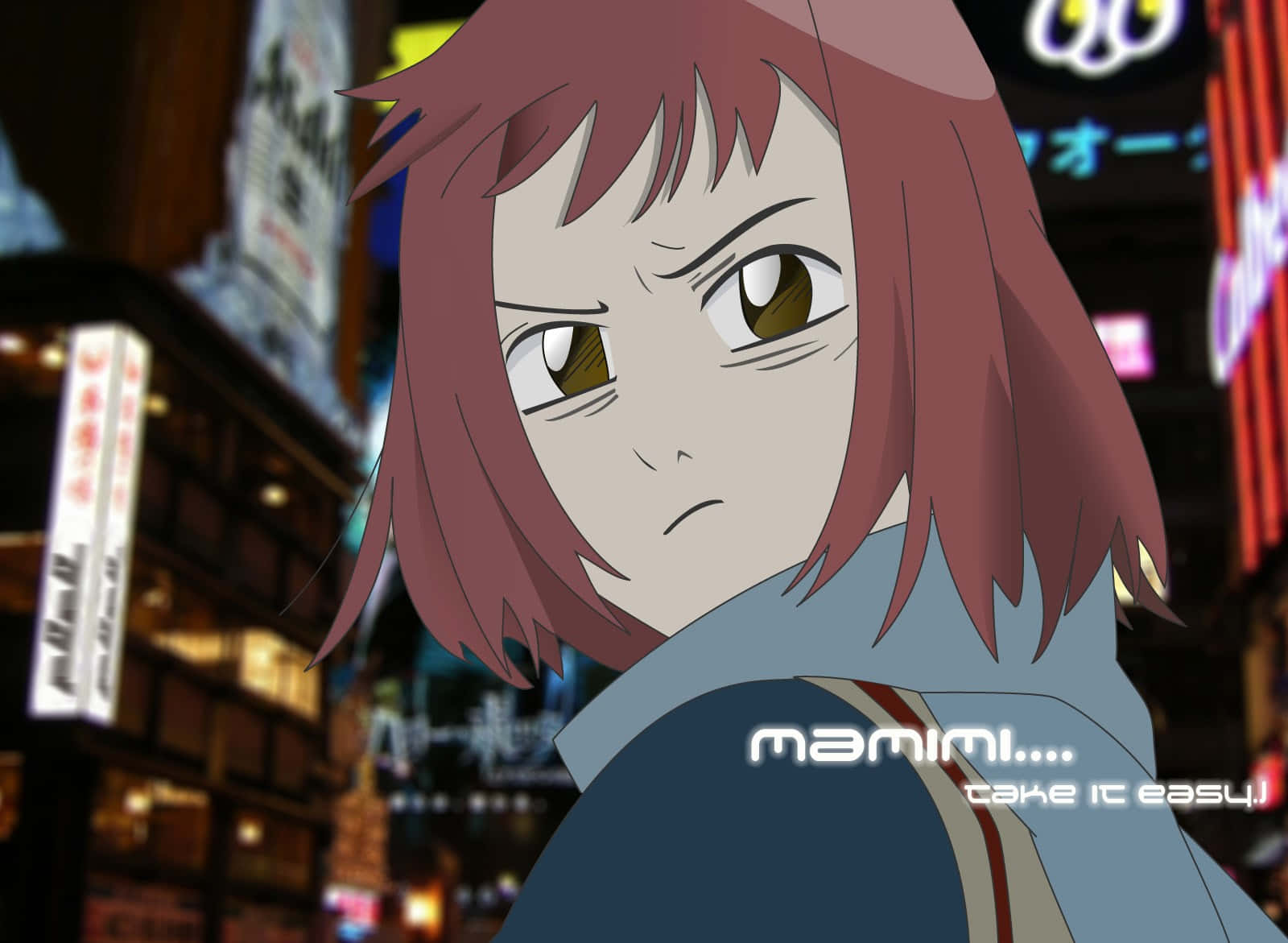 Mamimi Samejima 桌布 壁紙 — 一個意志堅定的動漫女孩，紅褐色頭髮，在充滿活力的霓虹燈城市夜景背景下凝視著。