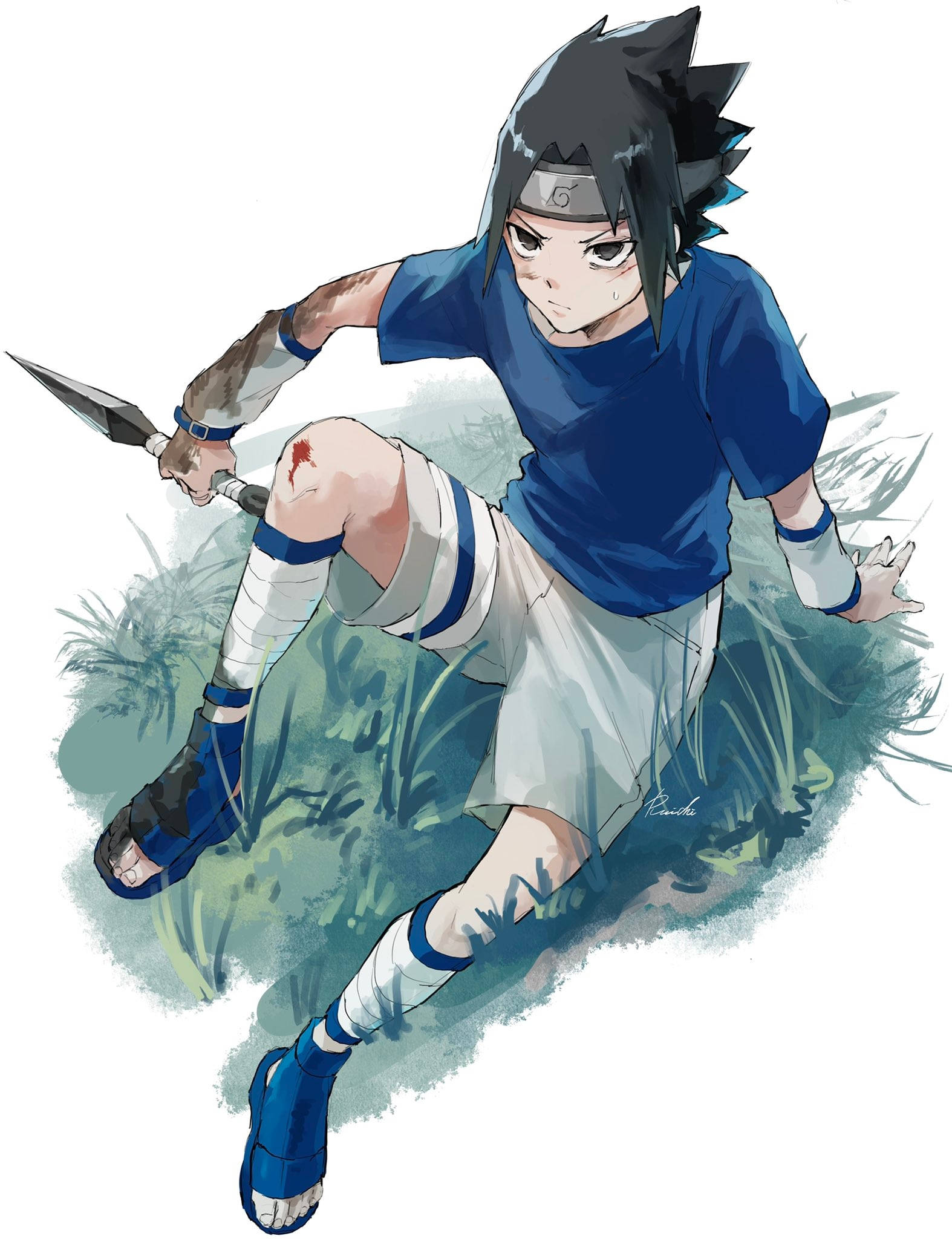 sasuke pfp 桌布 壁紙 — 一個意志堅定的動漫忍者，有著刺蝟般的黑髮和頭帶，蹲在草地上，手持苦無，膝蓋上有明顯的傷口。