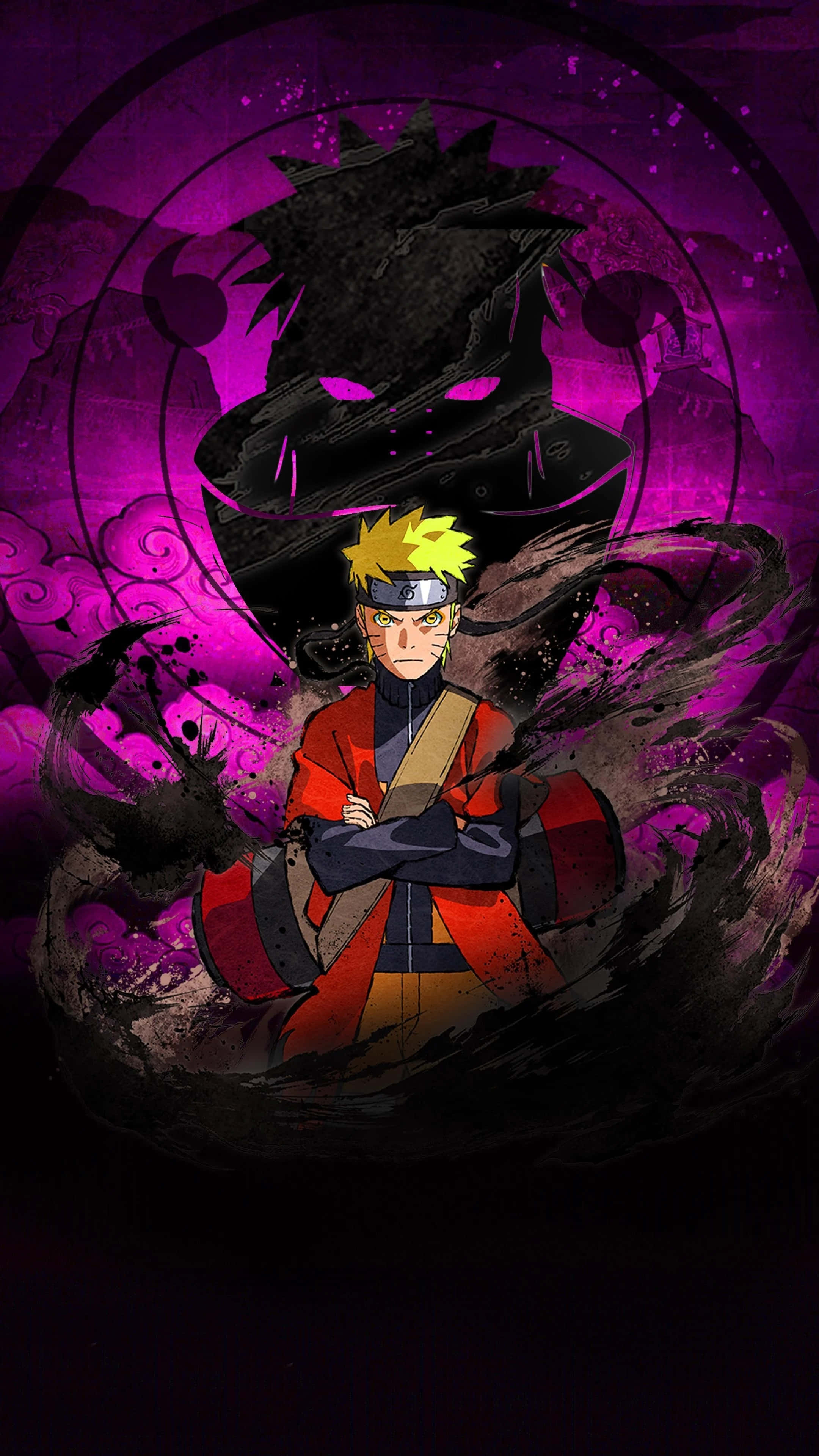 pain naruto 桌布 壁紙 — 一個意志堅定的動漫忍者，有著尖刺的金色頭髮，在旋轉的紫色背景前，挑釁地站在一個逼近的黑暗陰影人物面前。