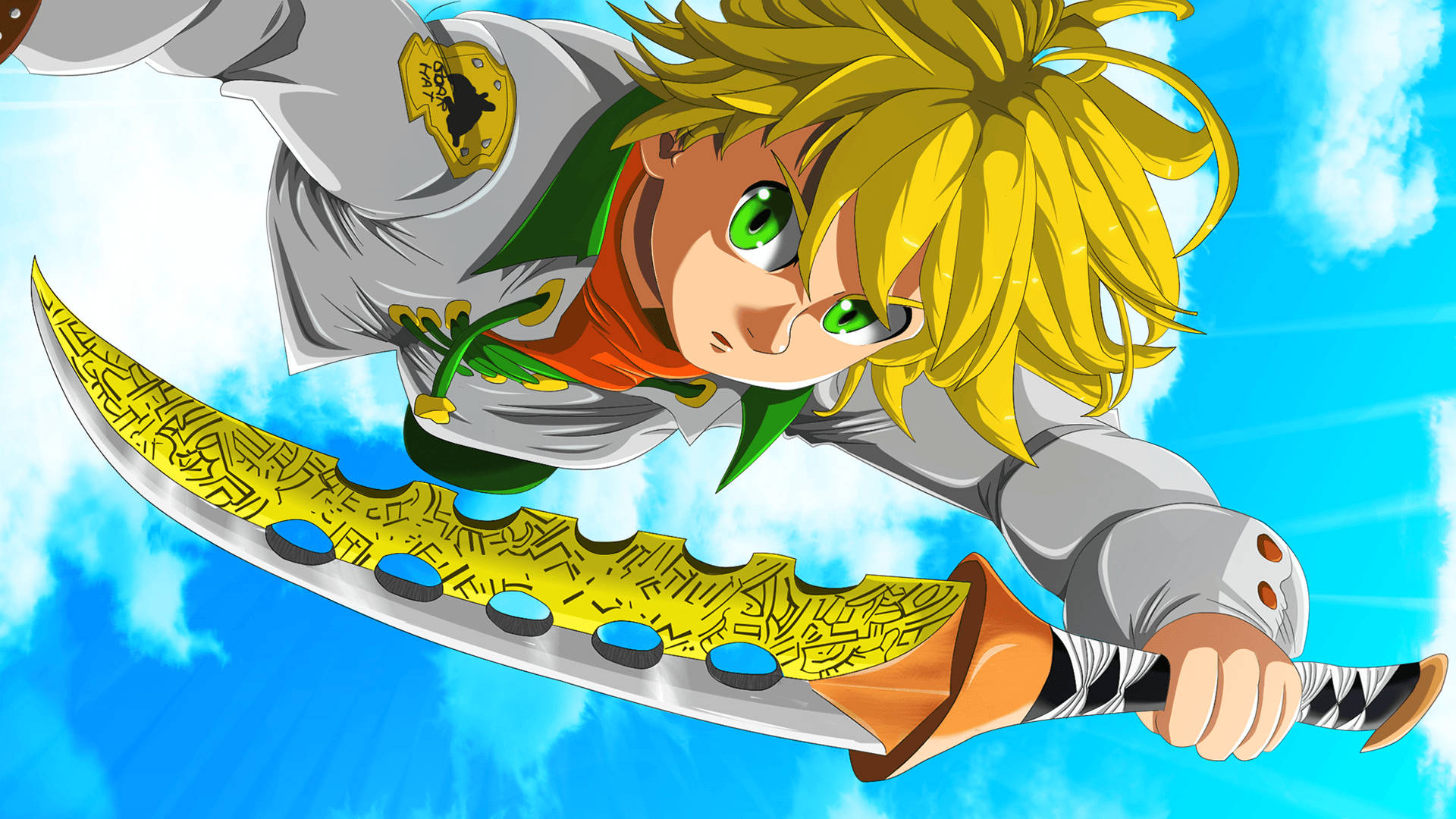 Meliodas 桌布 壁紙 — 一個意志堅定的動漫戰士，擁有尖刺金髮和綠色眼睛，用一把金色華麗劍劃破天空。