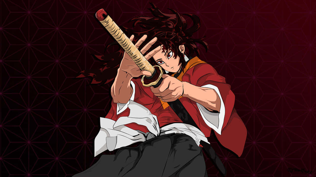 Yoriichi Tsugikuni 桌布 壁紙 — 一個意志堅定的動漫戰士，頭髮狂野，在深色幾何圖案背景前以動態姿勢握著一把武士刀。