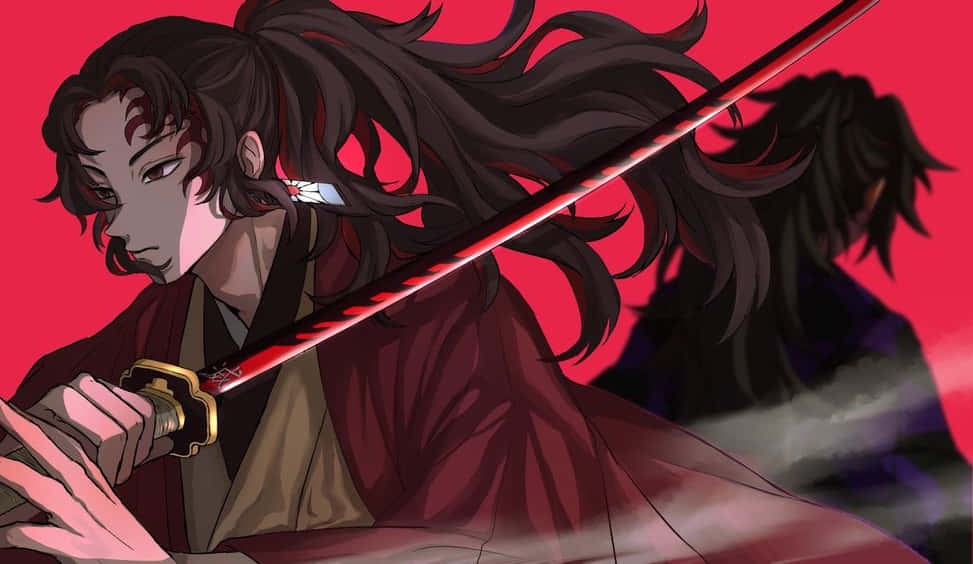 Yoriichi Tsugikuni 桌布 壁紙 — 一個意志堅定的動漫武士，長長的黑髮，在鮮紅色的背景下握著一把紅劍，身後有一個陰影人物。