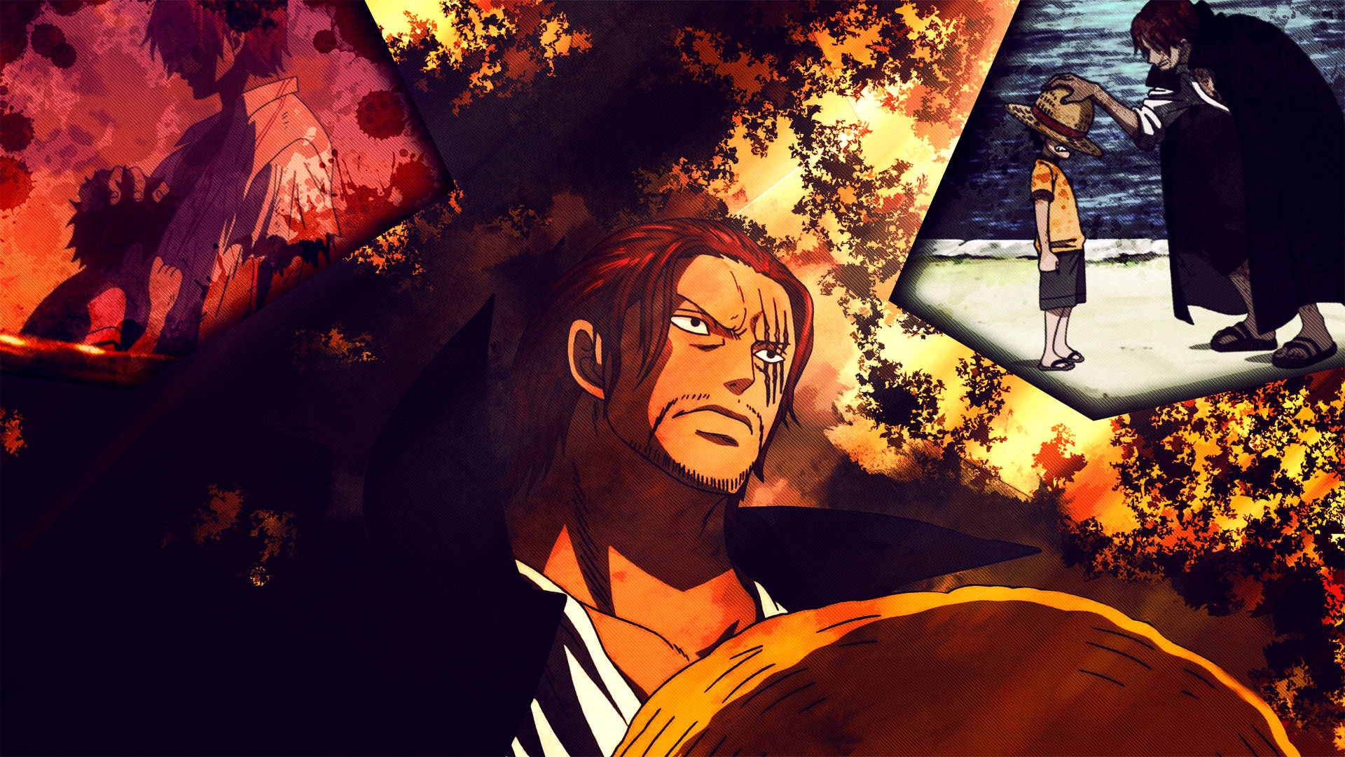 Shanks 桌布 壁紙 — 一個意志堅定的動漫男子，紅髮帶疤，直視前方，熾熱的橙色火焰吞噬背景，漂浮著記憶面板。