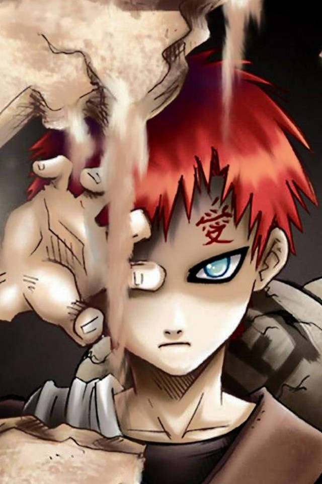 Gaara iPhone 桌布 壁紙 — 一個意志堅定的動漫男孩，紅髮藍眼，手持石手，周圍地面裂開。