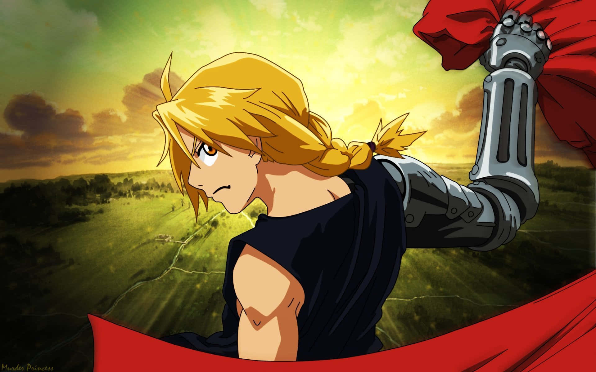 edward elric 桌布 壁紙 — 一個意志堅定的動漫男孩，金髮，機械手臂，站在夕陽天空下的綠色田野上。