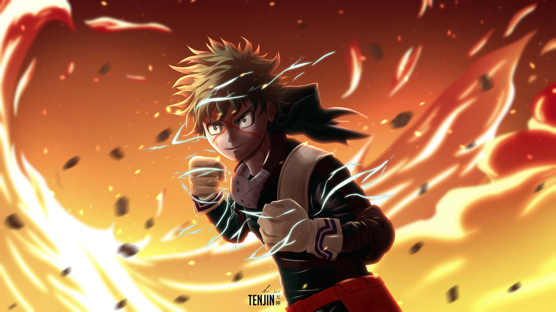My Hero Academia Laptop 桌布 壁紙 — 一個意志堅定的動漫英雄，擁有尖刺頭髮和發光的拳頭，向熾熱的橙色和黃色背景釋放電能。