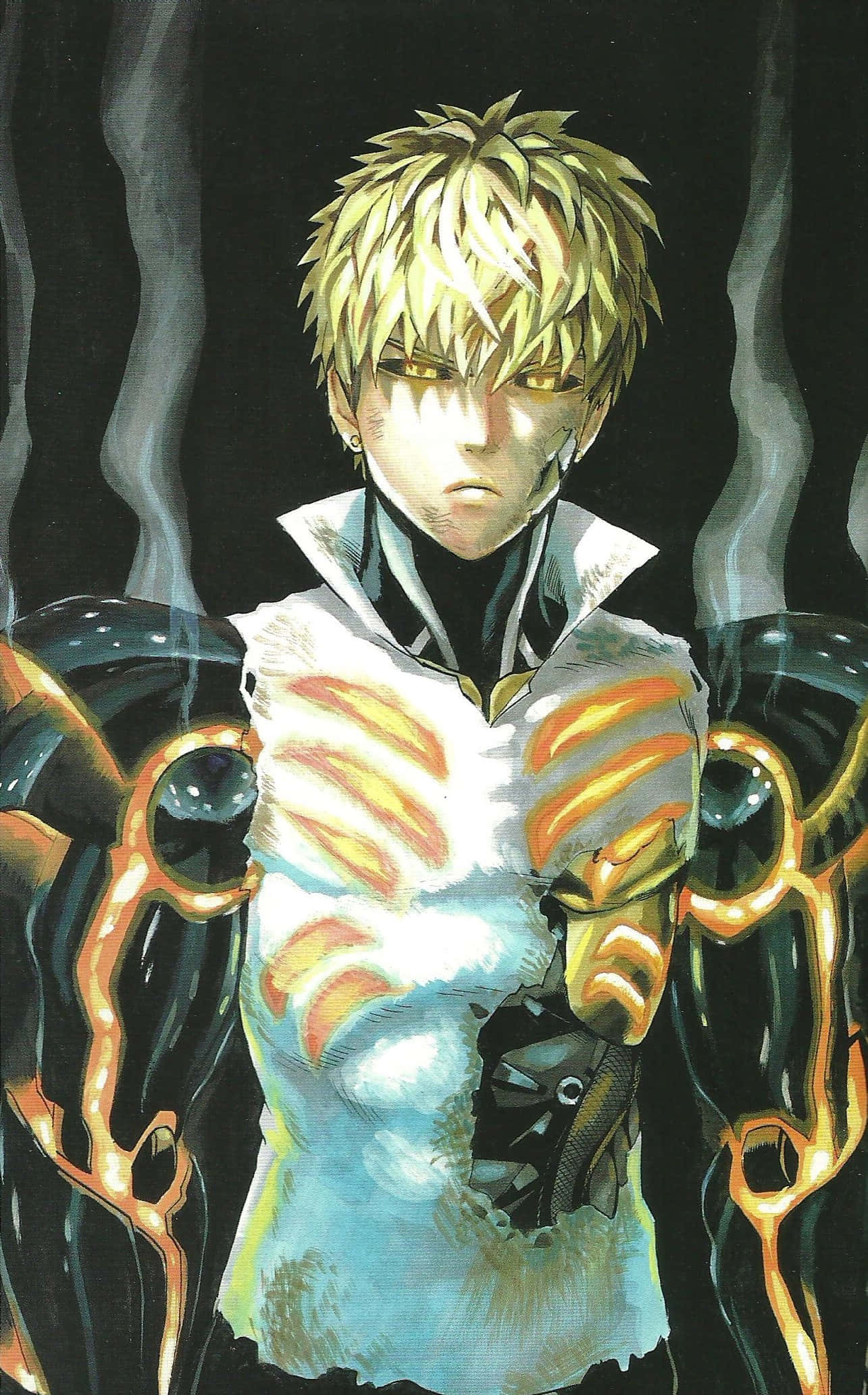 Genos 桌布 壁紙 — 一個意志堅定的動漫角色，擁有尖刺金髮和發光的眼睛，在黑暗煙霧背景中，穿著破爛的白襯衫，外面是發光的橙色盔甲。