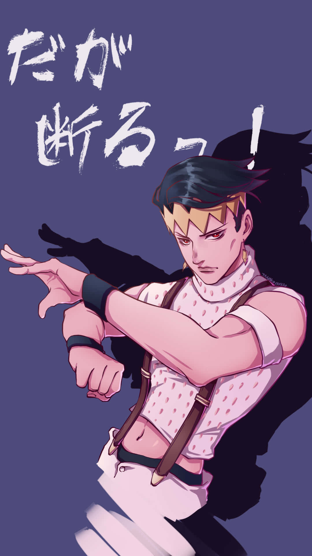 Rohan Kishibe 桌布 壁紙 — 一個意志堅定的動漫角色，擁有尖刺頭髮和吊帶褲，在紫色背景上擺出動態姿勢，背景上有日文字。