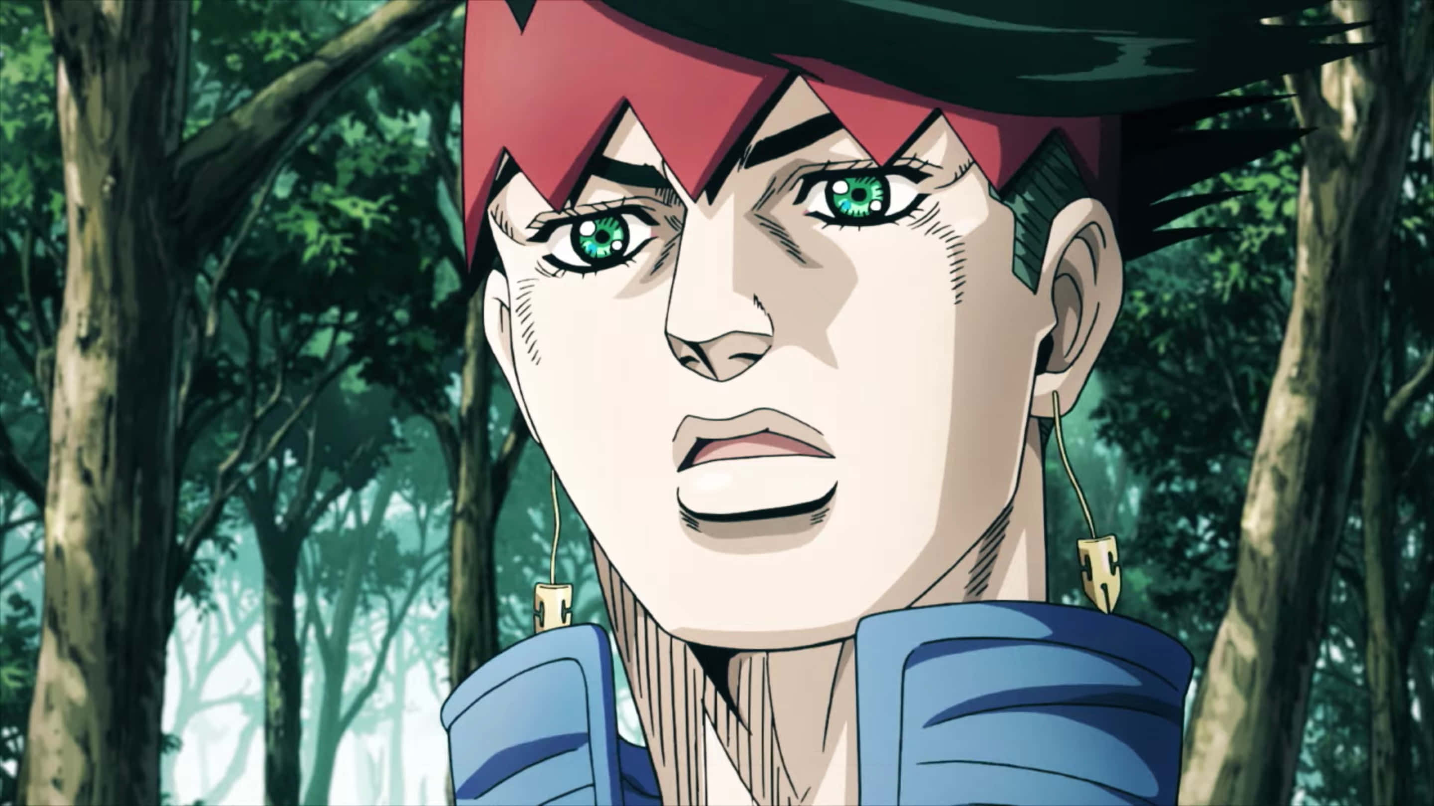 Rohan Kishibe 桌布 壁紙 — 一個意志堅定的動漫角色，紅髮綠眼，透過迷霧森林凝視著。