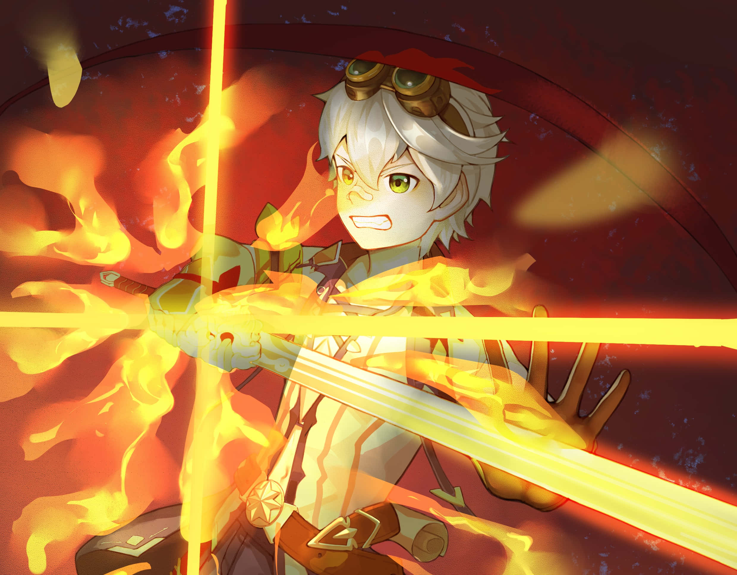 Genshin Impact Bennett 桌布 壁紙 — 一個意志堅定的動畫男孩，白髮戴護目鏡，在深紅色背景下揮舞著被火焰能量包圍的燃燒之劍。