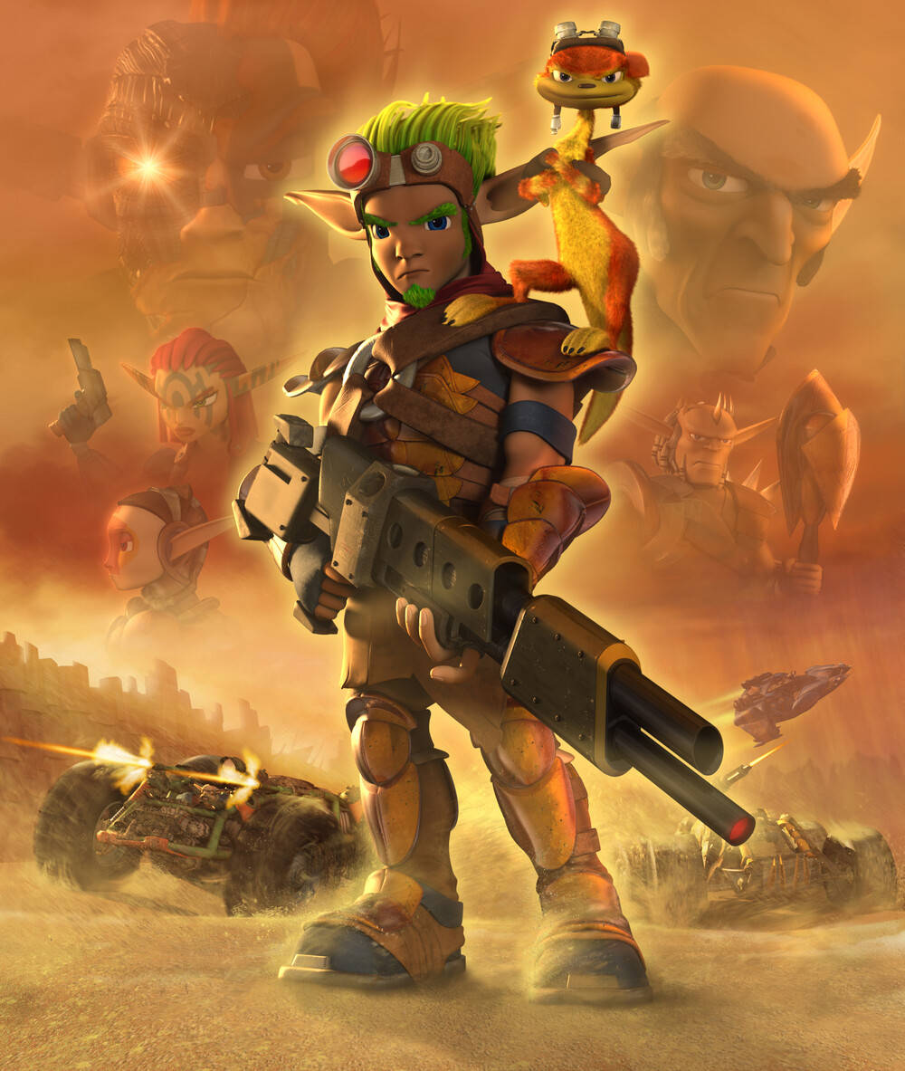 Jak 3 桌布 壁紙 — 一個意志堅定的年輕戰士，綠色頭髮，戴著護目鏡，揮舞著重型武器，一隻橙色小生物棲息在他的肩膀上，背景是逼近的敵人和沙漠戰鬥的混亂。