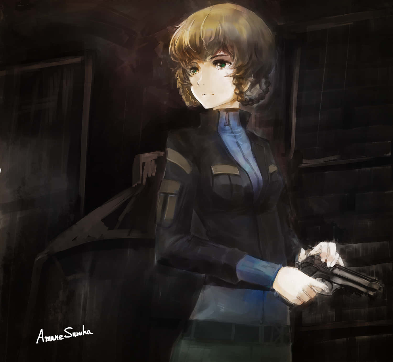 Suzuha Amane 桌布 壁紙 — 一個意志堅定的短金髮動漫女孩在光線昏暗、陰影重重的房間裡拿著一把手槍。