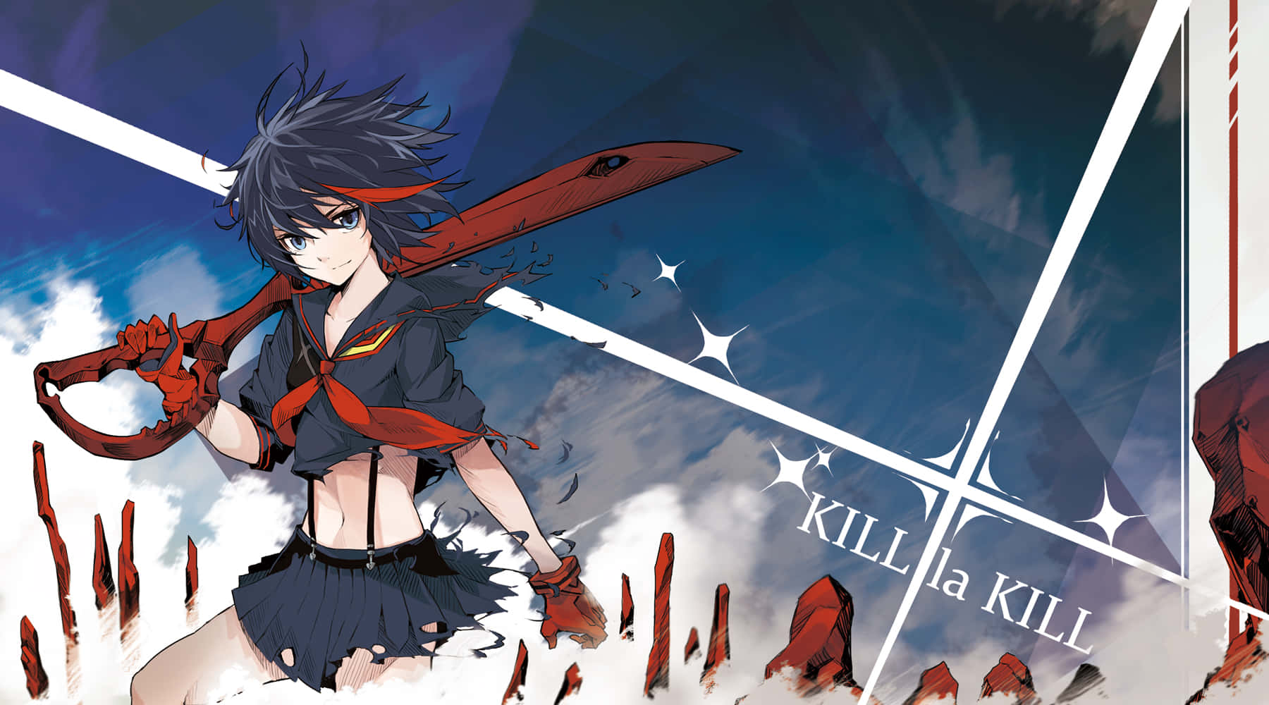 Kill La Kill Senketsu 桌布 壁紙 — 一個意志堅定的黑髮動漫女孩，在破碎的天空背景下揮舞著紅色武器。