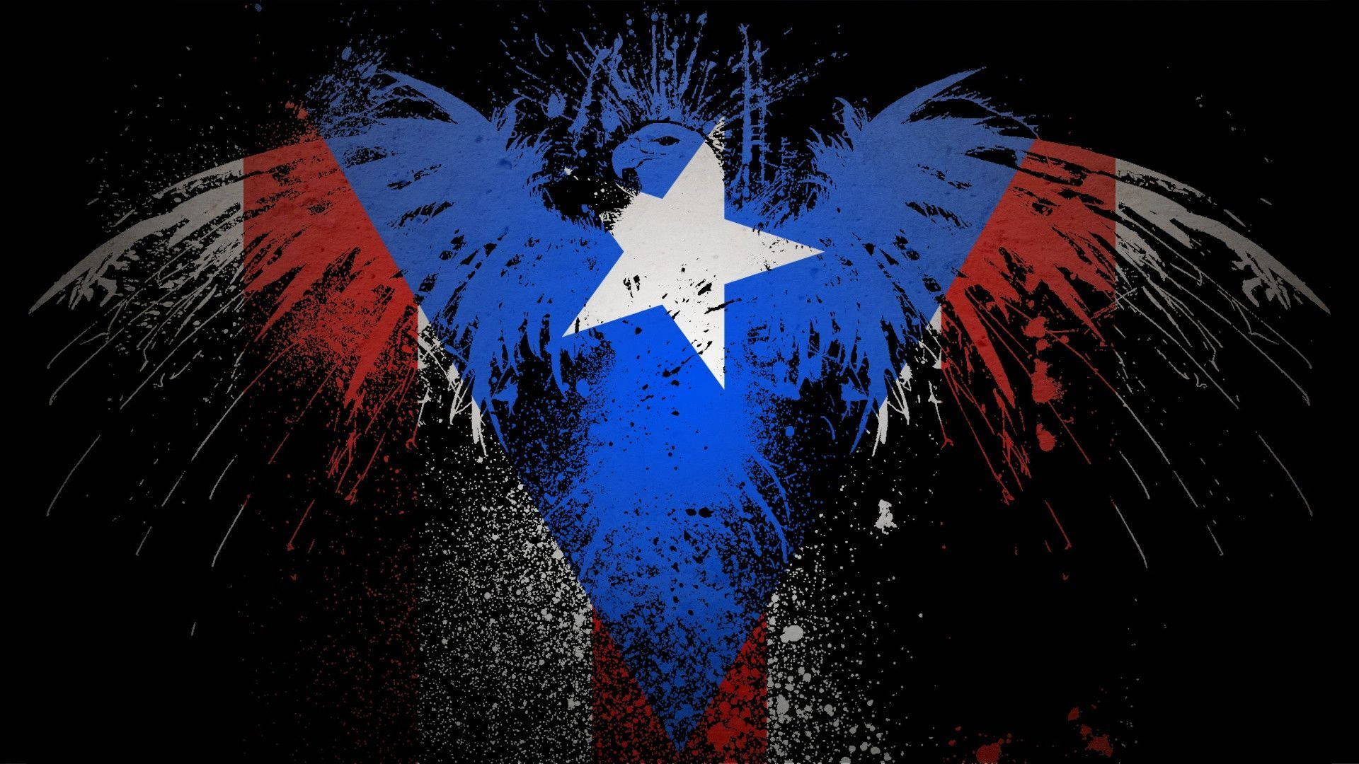 Puerto Rican Flag 桌布 壁紙 — 一個愛國心形狀，像波多黎各國旗，帶有鮮明的紅、白、藍潑濺翅膀，背景為黑色。