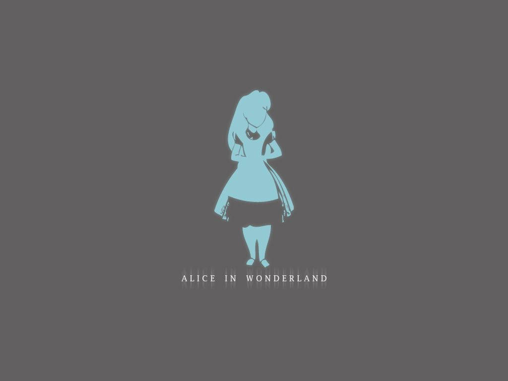 wonderland 桌布 壁紙 — 一個愛麗絲夢遊仙境的極簡藍色剪影，居中站立在純灰色背景上，下方有她的名字。