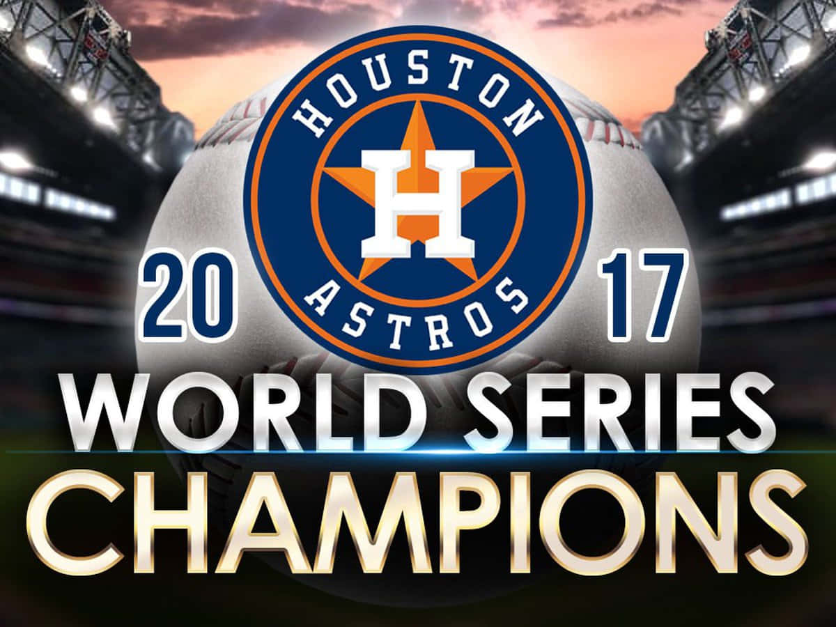 Astros 桌布 壁紙 — 一個慶祝休士頓太空人2017年世界大賽冠軍的棒球，球場燈光在黃昏中閃耀。