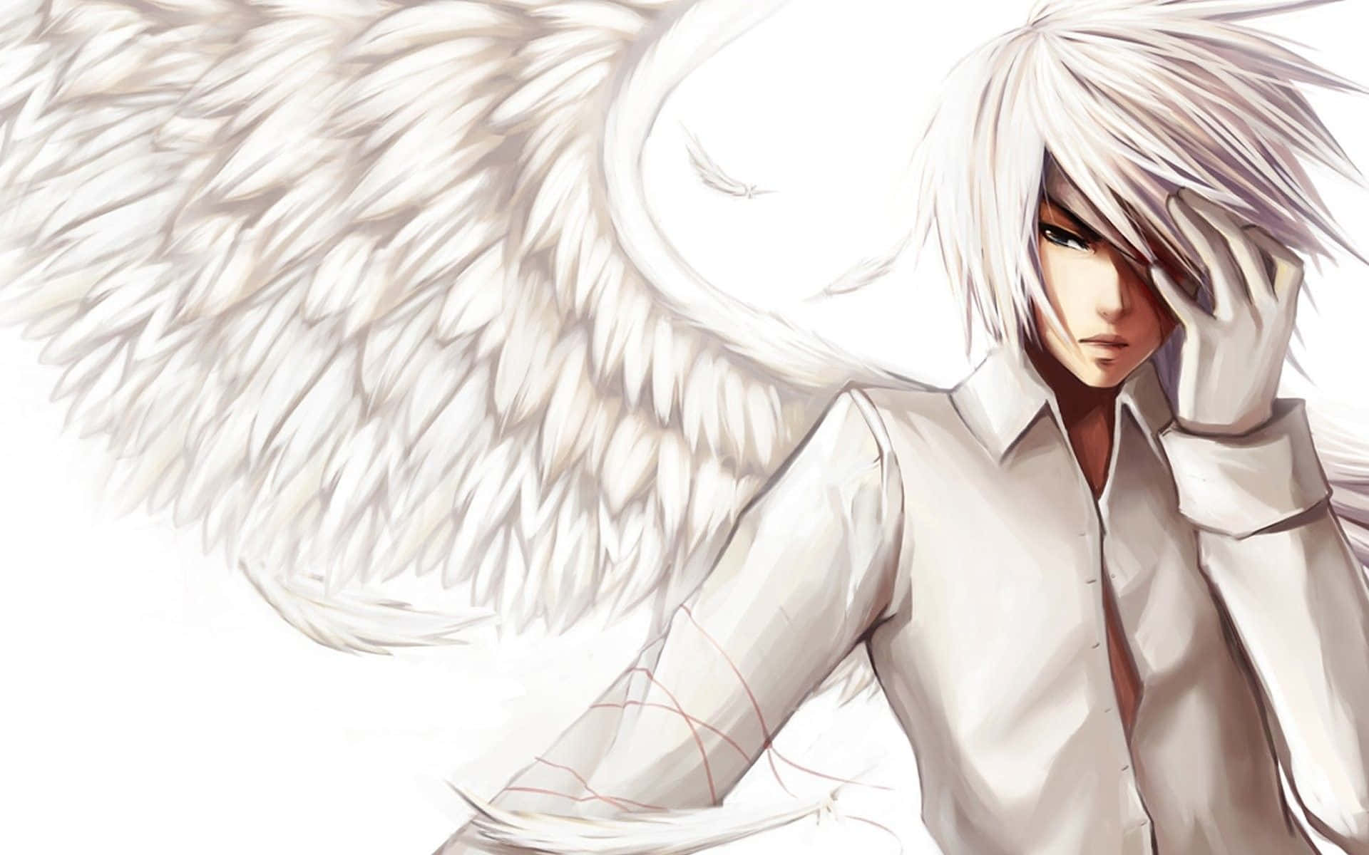 Cute Boy Anime 桌布 壁紙 — 一個憂鬱的動漫天使，白色翅膀和頭髮，手放在額頭上，柔和灰階色調。