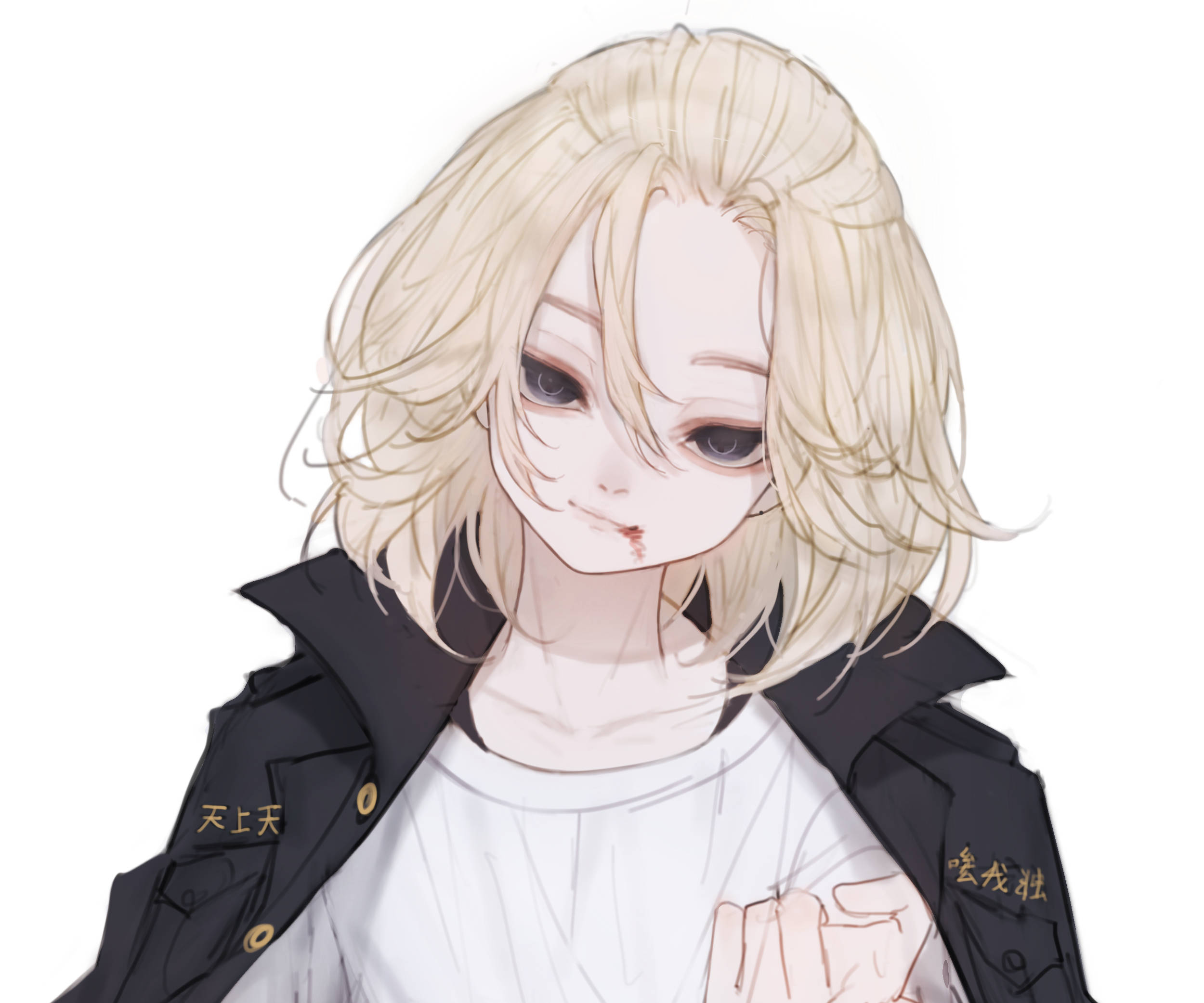 Manjiro 桌布 壁紙 — 一個憂鬱的動漫女孩，一頭凌亂的金色頭髮，嘴唇上有一個小傷口，穿著黑色外套內搭白色襯衫。