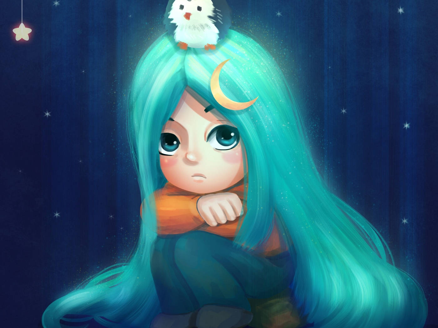 Sad Girl 桌布 壁紙 — 一個憂鬱的動漫女孩，擁有綠松石色的頭髮和頭上的新月，坐在繁星點點的夜空下，一隻小白鳥棲息在她的頭頂。