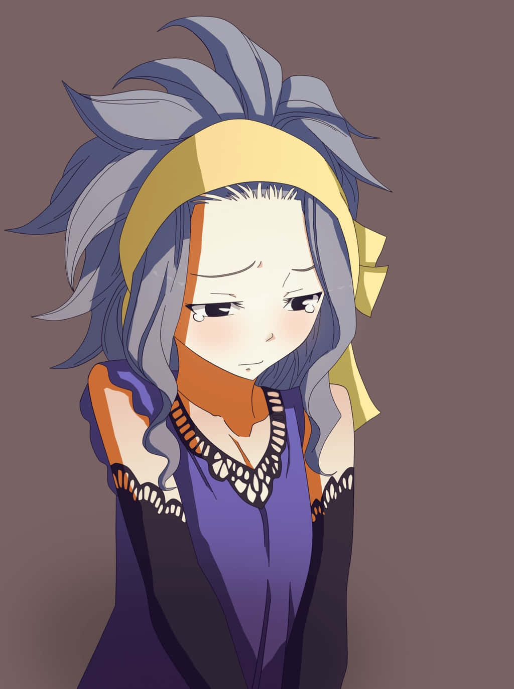 Levy Mcgarden 桌布 壁紙 — 一個憂鬱的動漫女孩，擁有藍灰色頭髮和黃色頭帶，帶著淚水向下凝視。