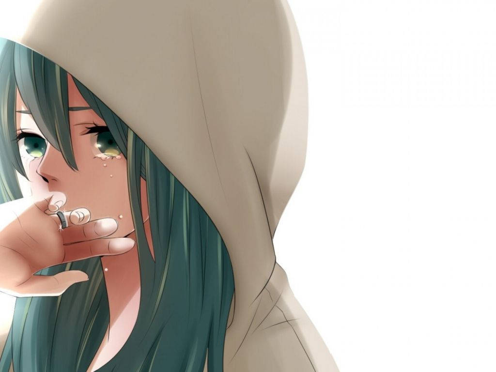 Hoodie 桌布 壁紙 — 一個憂鬱的動漫女孩，擁有藍綠色頭髮和綠色眼睛，在純白背景前流淚，手持香煙。