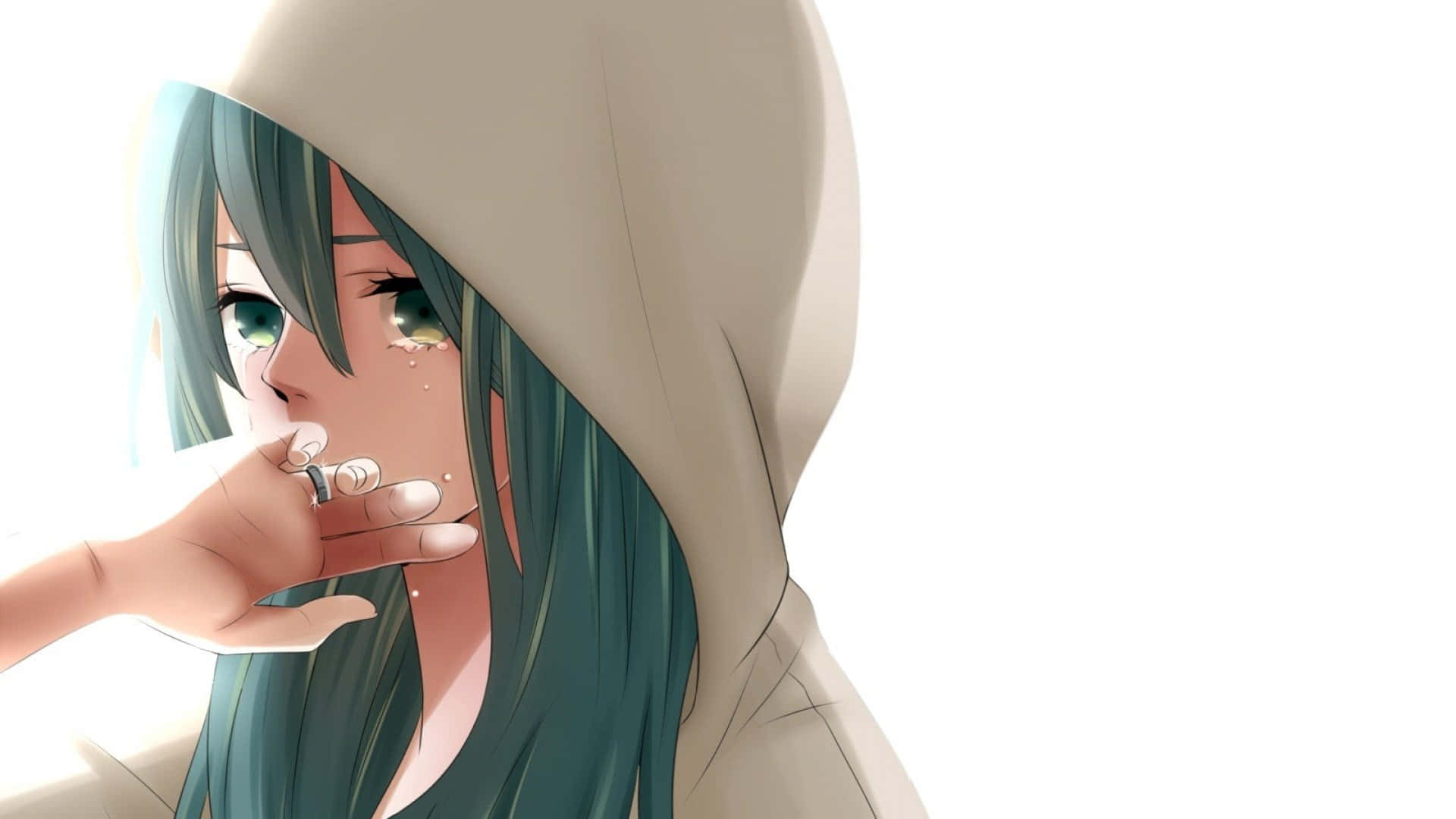 可憐動漫 桌布 壁紙 — 一個憂鬱的動漫女孩，擁有藍綠色頭髮和綠色眼睛，輕輕哭泣，同時將一個白色小物體靠近嘴唇。