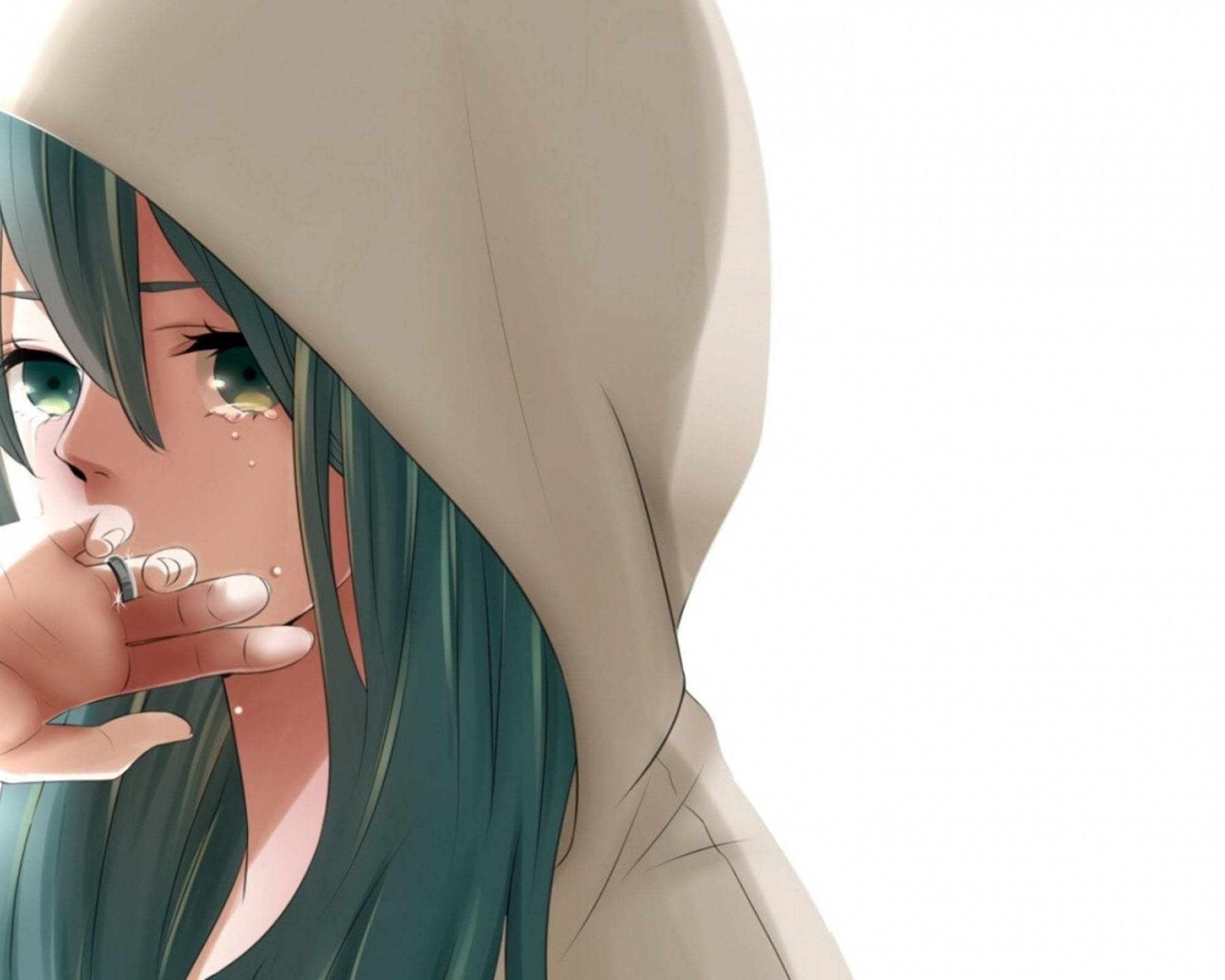 桌布 壁紙 — 一個憂鬱的動漫女孩，擁有青綠色頭髮和綠色眼睛，在純白背景下抽煙，淚水從臉上滑落。
