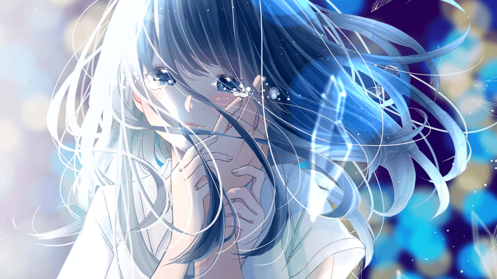 Sad Crying Anime 桌布 壁紙 — 一個憂鬱的動漫女孩，擁有飄逸的藍白頭髮，當光粒子在她臉龐周圍旋轉時，她溫柔地凝視著。
