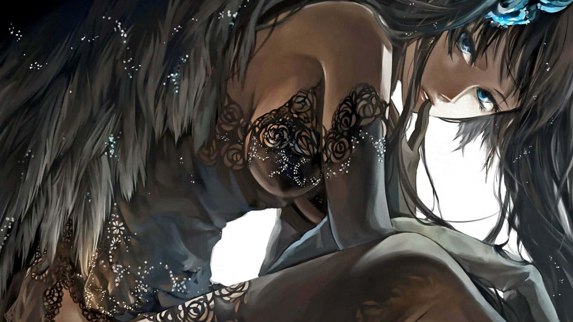 Gothic Anime 桌布 壁紙 — 一個憂鬱的動漫女孩，擁有黑色翅膀和藍色眼睛，在戲劇性的特寫中向下凝視。