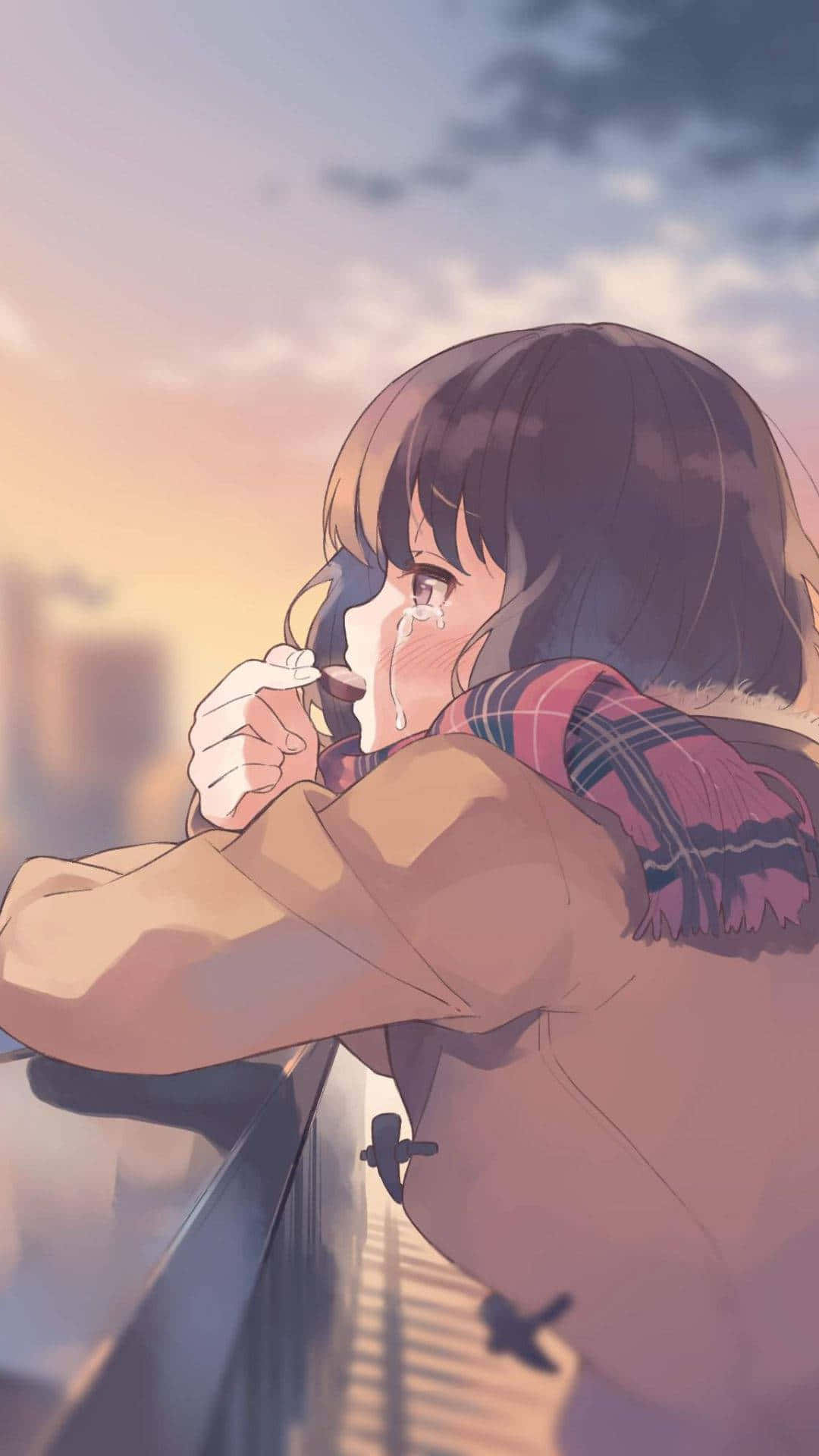 Sad Anime Death 桌布 壁紙 — 一個憂鬱的動漫女孩，棕色頭髮，在柔和的日落時分靠在欄杆上哭泣。