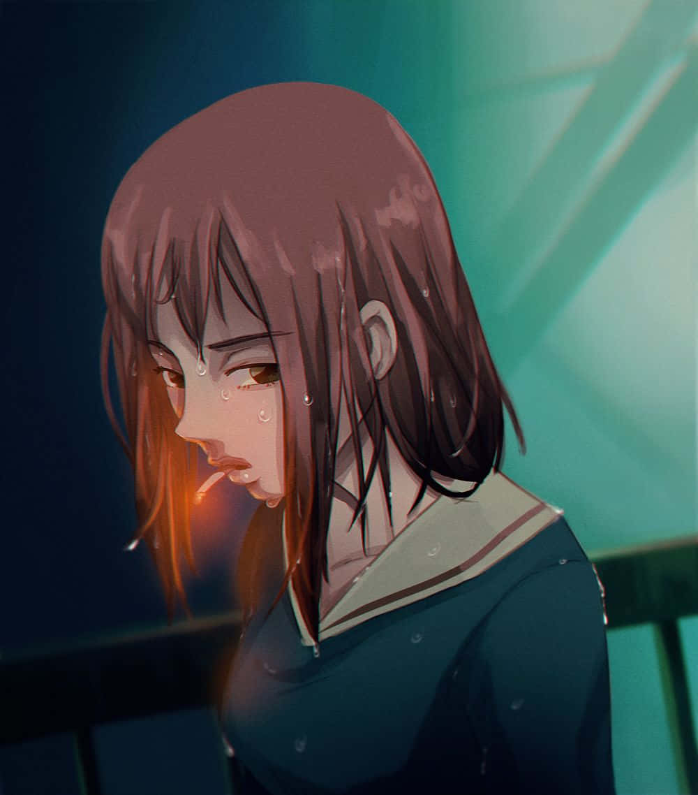 Mamimi Samejima 桌布 壁紙 — 一個憂鬱的動漫女孩，棕色頭髮，臉上掛著淚水，在一個昏暗的房間裡，有青綠色的光線條紋，她手持一支點燃的香煙。