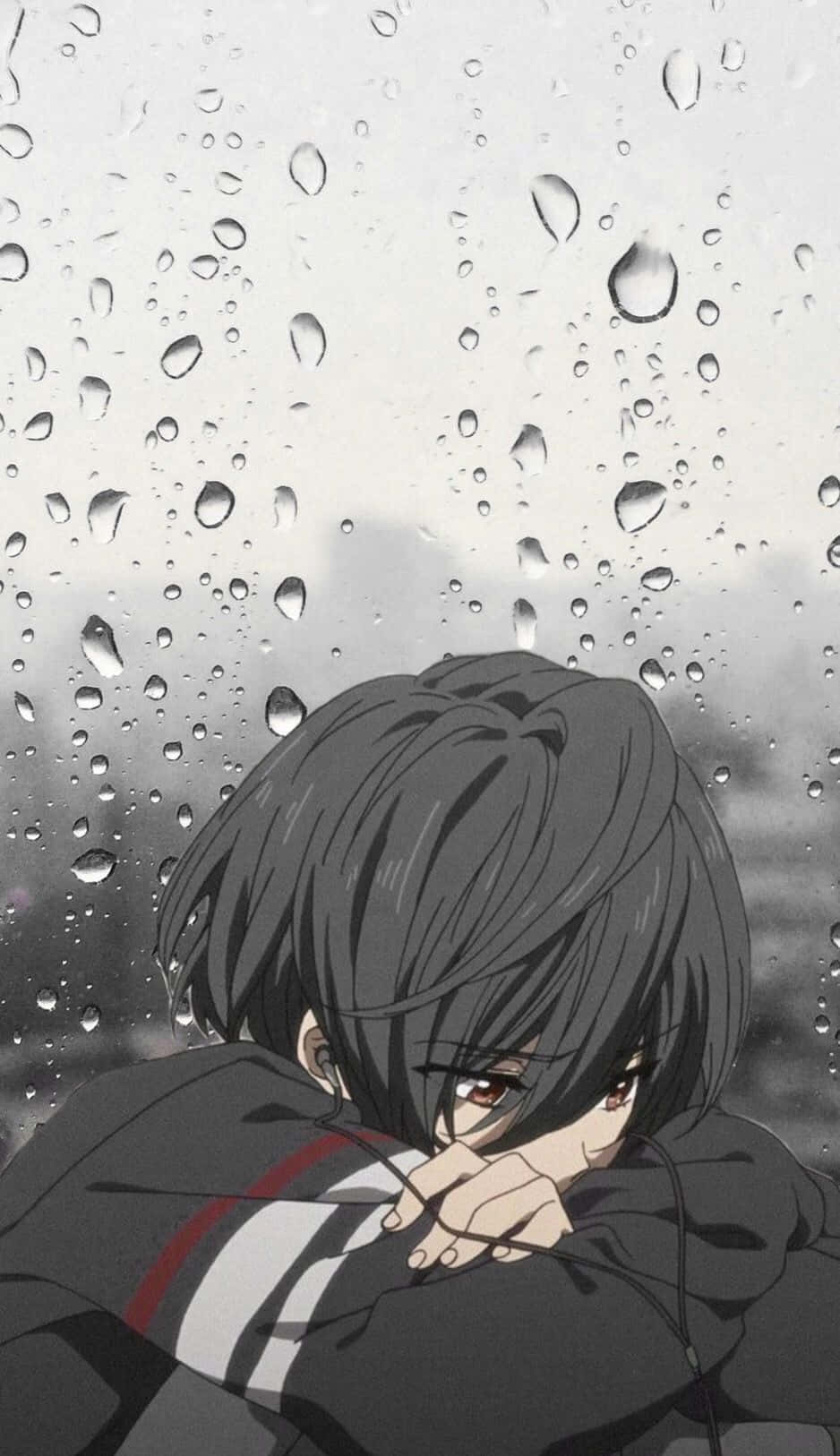 Sad Aesthetic Anime 桌布 壁紙 — 一個憂鬱的動漫女孩，深色頭髮，在雨痕斑斑的窗邊將頭靠在手臂上休息。