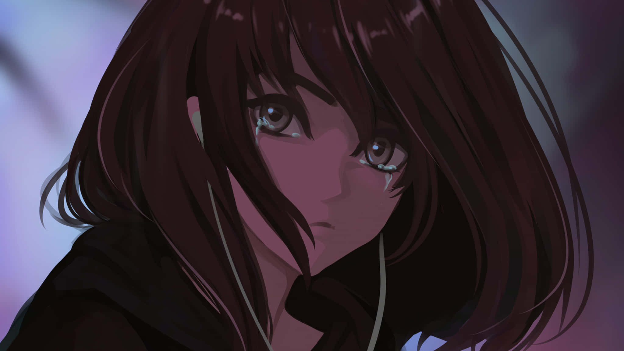 Animated 桌布 壁紙 — 一個憂鬱的動漫女孩，深色頭髮，淚眼汪汪，在昏暗、氣氛憂鬱的場景中向下凝視。