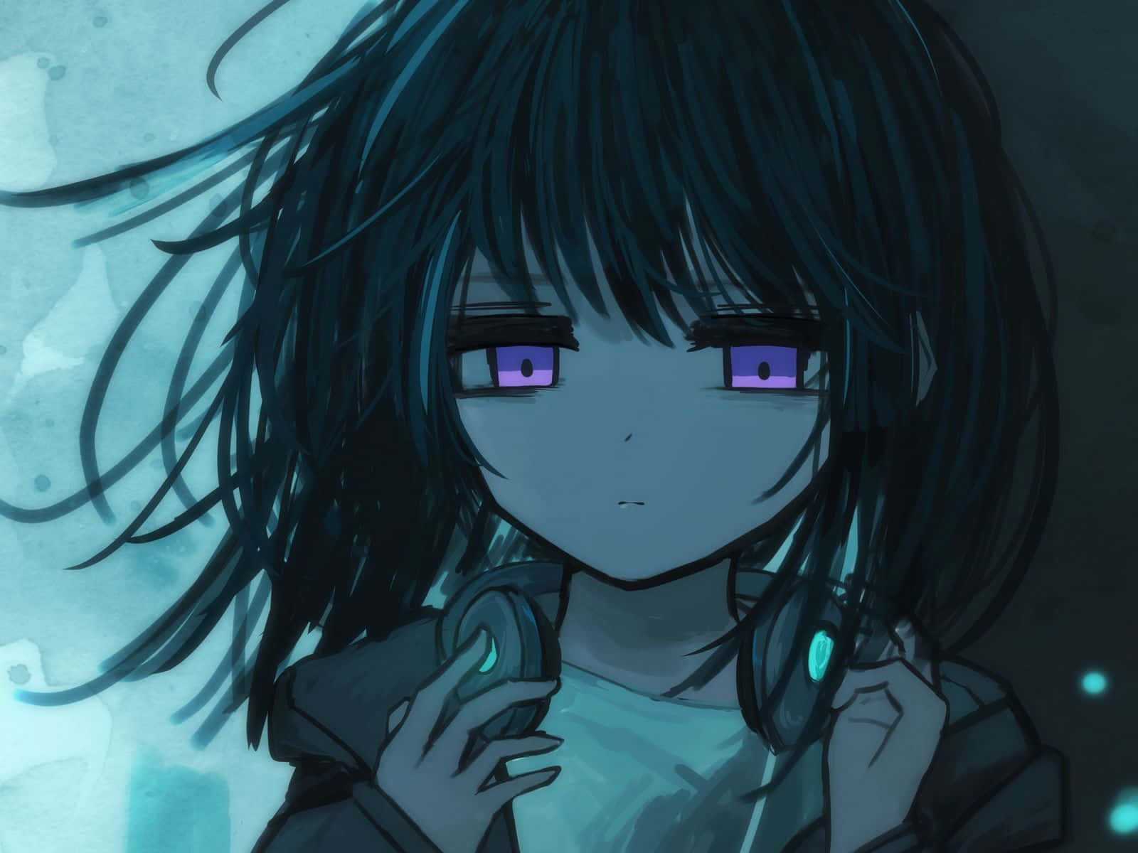 kurumi tokisaki 桌布 壁紙 — 一個憂鬱的動漫女孩，深色頭髮，發光的紫色眼睛，在清涼的藍色背景上拿著發光的耳機。